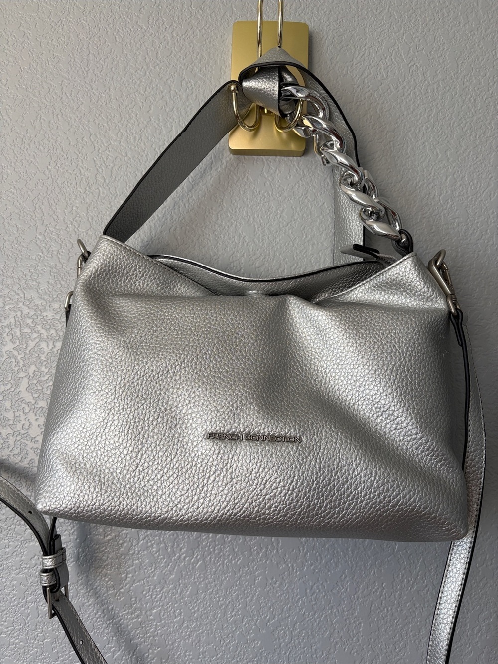 French Connection Metallic Silver Pebbled Shoulder Bag with Chain Accent